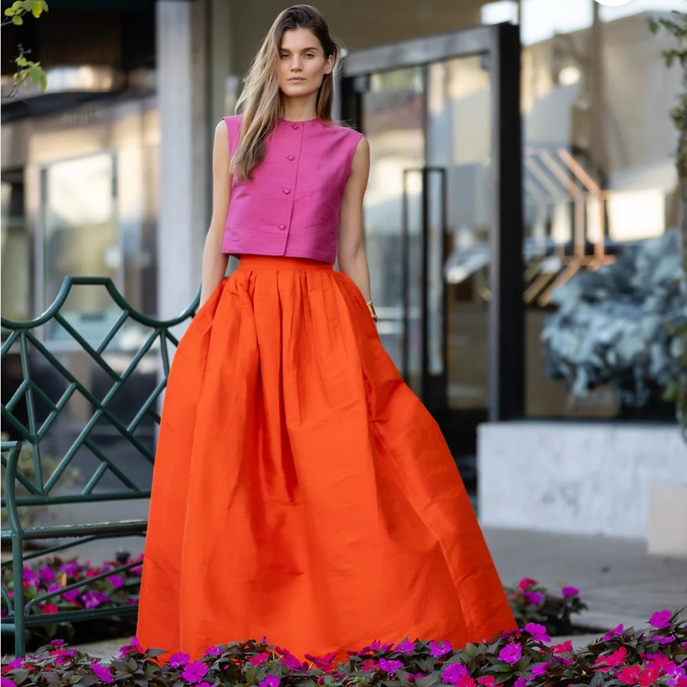 David Meister 100% Silk Skirt | Vibrant Sunset pink Orange Floor Length Size 8